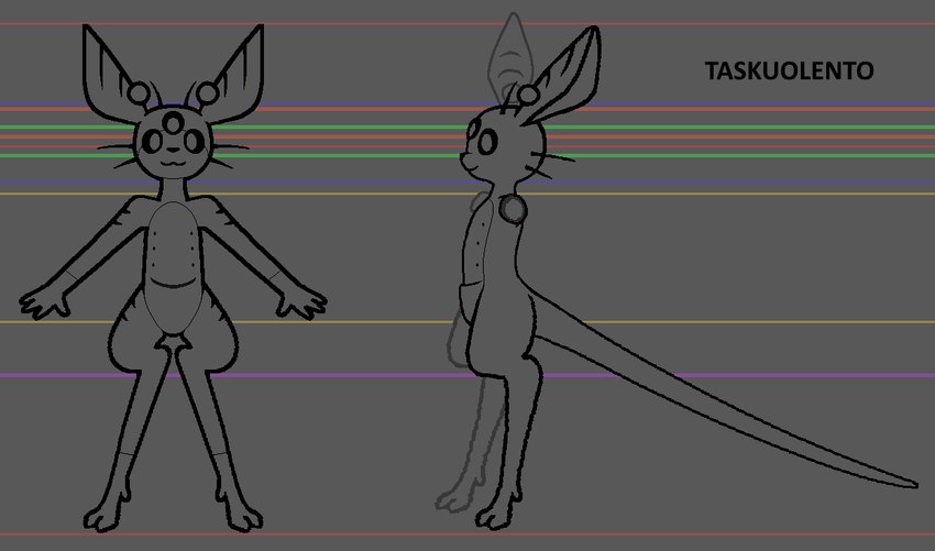 3_eyes ambiguous_gender antennae_(anatomy) anthro big_tail biped ear_markings long_tail markings multi_eye solo species_sheet striped_arms striped_ears striped_hips striped_markings stripes tail text bump_attack taskuolento model_sheet species_name