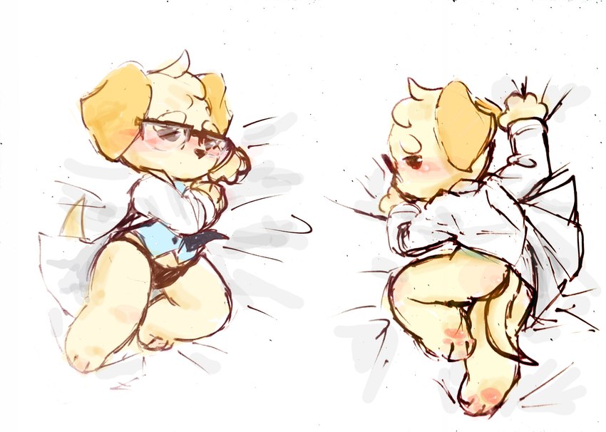 4_fingers anthro bed black_eyes butt chibi clothing eyewear female fingers fur furniture glasses solo yellow_body yellow_fur arisel_uwu pixile_studios super_animal_royale dr._jennifer_dogna canid canine canis cannie domestic_dog mammal absurd_res hi_res