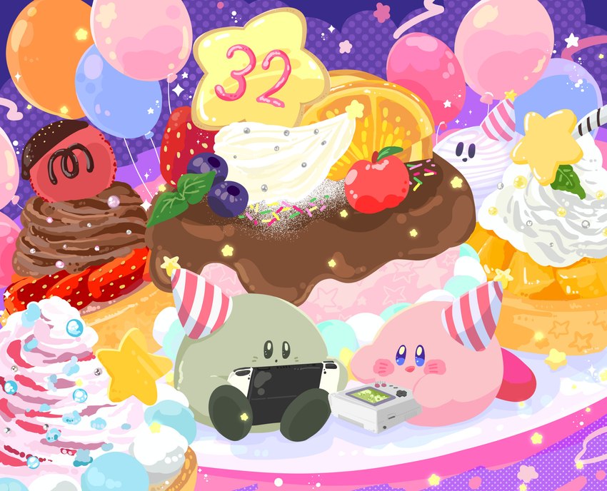 anniversary balloon blue_eyes blueberry_(fruit) blush blush_lines cherry clothing d-pad dairy_products dessert duo feet food fruit gaming grey_body grey_eyes grey_feet hat headgear headwear inflatable maxim_tomato micro number orange_(fruit) party_hat pink_body plant playing_video_game pushbutton red_feet rosy_cheeks sprinkles square_crossover star strawberry whipped_cream kb_kemo game_boy game_boy_family kirby_(series) nintendo nintendo_switch kirby void_soul alien waddling_head 2024 absurd_res colored digital_media_(artwork) digital_painting_(artwork) hi_res