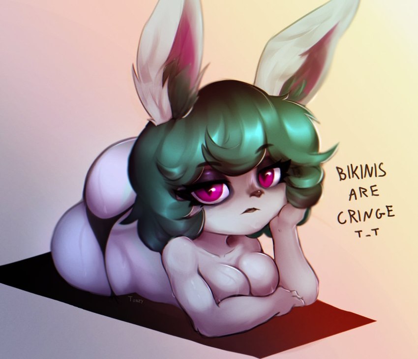 big_breasts big_butt breasts butt clothing female green_hair hair humanoid_pointy_ears inner_ear_fluff long_ears lying on_front panties pink_eyes pointy_ears short_stack solo thong tuft underwear wide_hips tonzy league_of_legends riot_games tencent vex_(lol) humanoid yordle