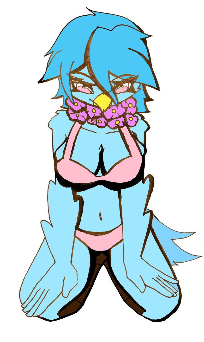 anthro bikini blue_body blue_feathers blue_hair clothing feathers female flower flower_accessory flower_garland hair kneeling pink_bikini pink_clothing pink_eyes pink_flower pink_swimwear plant solo swimwear two-piece_swimsuit sinshadybaby undertale_(series) undertale_yellow martlet_(undertale_yellow) avian bird hi_res