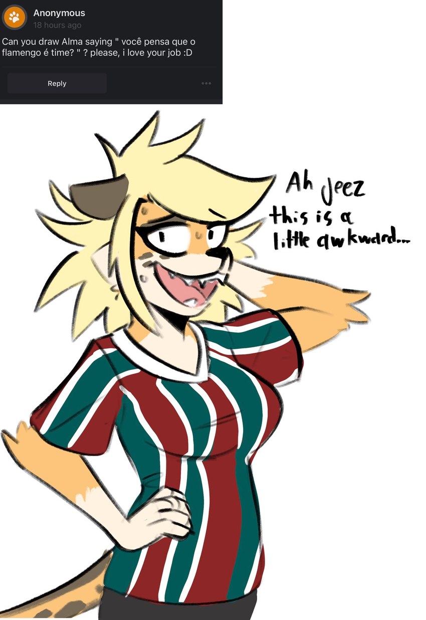 anthro blonde_hair brasil brazil breasts clothed clothed_anthro clothed_female clothing female female_anthro hair soccer solo sport text capaoculta flamengo alma_(capaoculta) cheetah felid feline king_cheetah mammal 2021 english_text hi_res