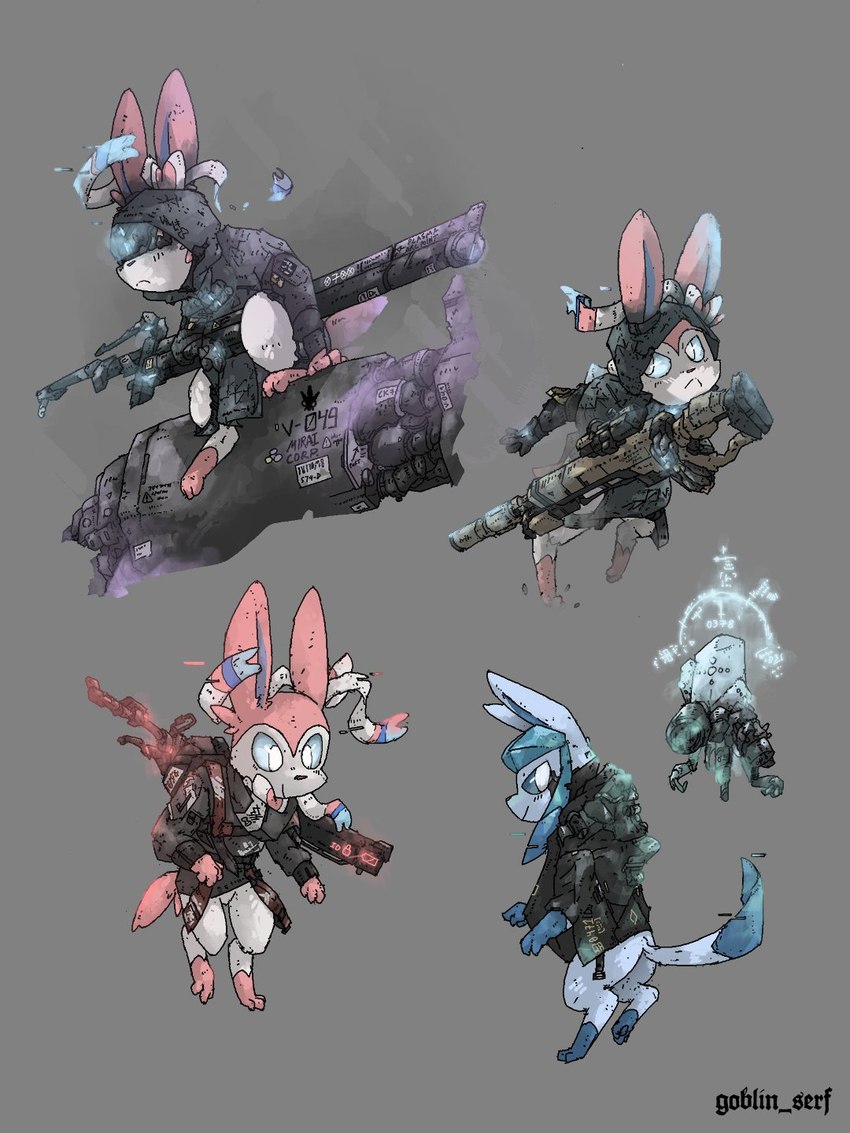 ambiguous_gender black_nose blue_eyes closed_smile clothed clothing duo grey_background gun holding_object holding_weapon ice looking_aside mouth_closed paws pupils ranged_weapon simple_background sitting smile solo tail text weapon weapon_on_back white_pupils goblin_serf nintendo pokemon pokemon_mystery_dungeon spike_chunsoft eeveelution generation_4_pokemon generation_6_pokemon glaceon pokemon_(species) sylveon 2022 3:4 artist_name digital_media_(artwork) hi_res