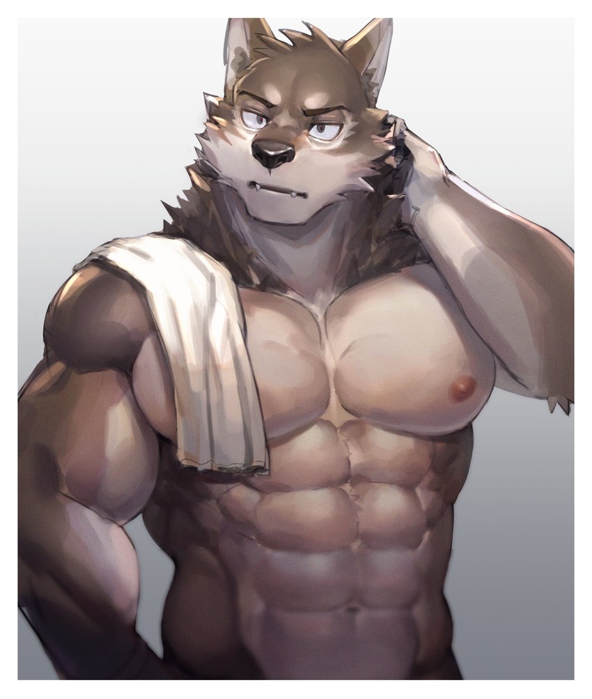 abs anthro barazoku fur male muscular muscular_anthro muscular_male nipples pecs solo neumokun canid canine mammal 2021 absurd_res hi_res