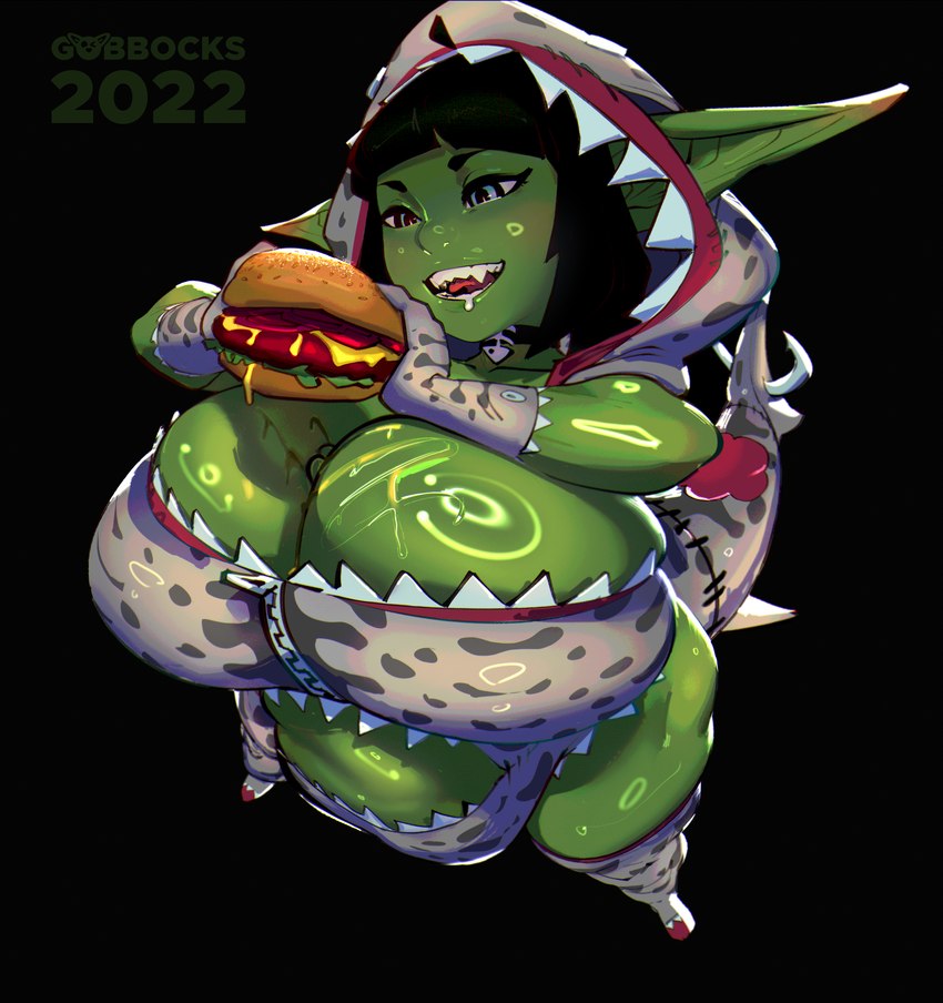 bangs belly big_belly big_breasts bloated blue_eyes blunt_bangs bodily_fluids bone_accessory breasts burger clothing cutout drooling female female_humanoid fish_hook food gloves green_body green_skin handwear high-angle_view holding_burger holding_food holding_object hook huge_breasts humanoid_pointy_ears kigurumi legwear long_ears onesie pointy_ears saliva shark_costume sharp_teeth solo straight_bangs stuffing teeth thick_thighs thigh_highs gobbocks pixxy_fizzleclank goblin humanoid 2022 digital_media_(artwork) hi_res