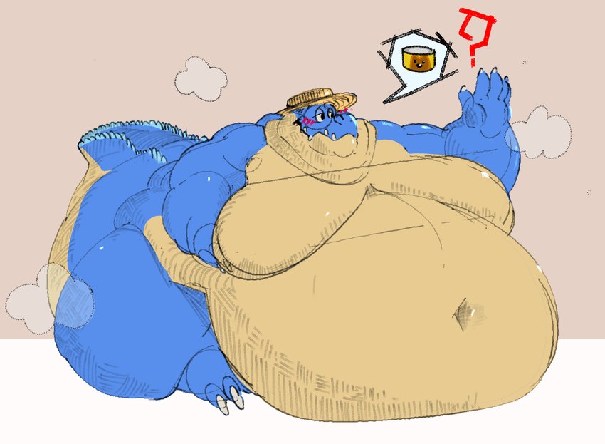 anthro belly big_moobs biped blush clothing hat headgear headwear male moobs morbidly_obese musk musk_clouds navel obese overweight overweight_male solo straw_hat onetonhalfshell link's_awakening nintendo the_legend_of_zelda sale_(tloz) alligator alligatorid crocodilian reptile scalie hi_res