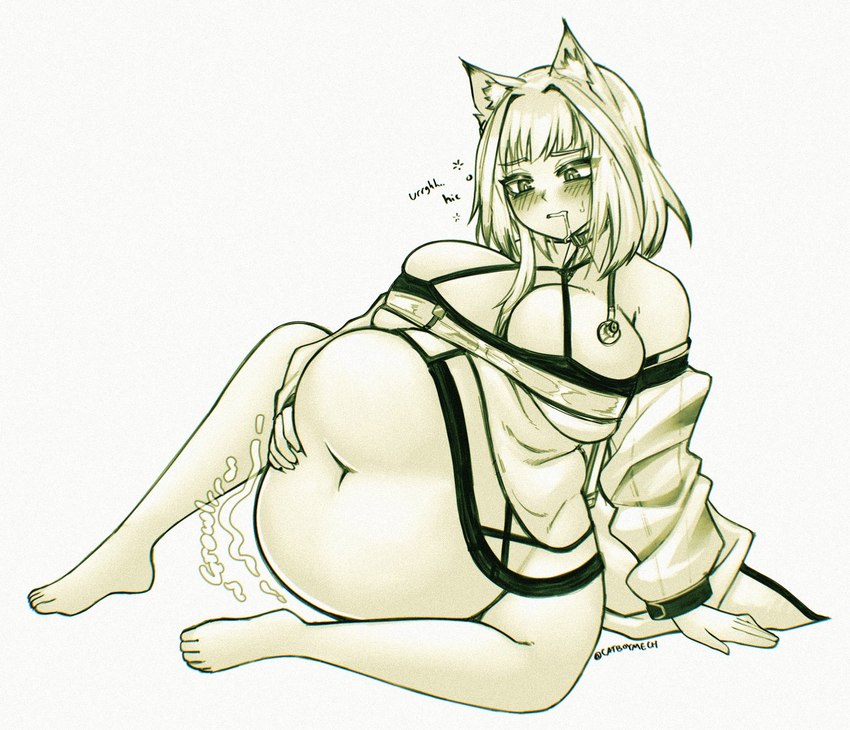 barefoot belly big_belly big_breasts blush bodily_fluids breasts drooling feet female hiccuping huge_breasts navel saliva simple_background sitting solo sound_effects stuffing text cakecatboy arknights hypergryph studio_montagne kal'tsit_(arknights) animal_humanoid felid felid_humanoid humanoid mammal mammal_humanoid hi_res signature