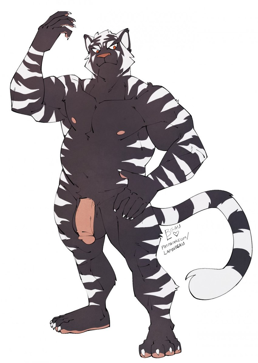 anthro balls black_body black_fur cheek_tuft facial_tuft flaccid fur genitals half-closed_eyes humanoid_genitalia humanoid_penis male muscle_tone musclegut muscular muscular_anthro muscular_male narrowed_eyes nipples nude pecs penis simple_background smile solo striped_body striped_fur stripes tuft white_background white_stripes naughtyjester felid mammal pantherine tiger hi_res