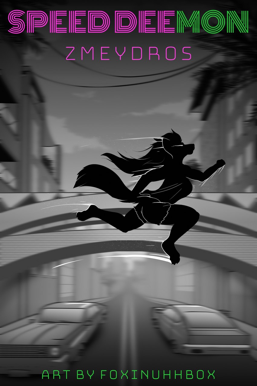 bridge car city clothed clothing jumping running vehicle foxinuhhbox zmeydros canid canine fox mammal absurd_res black_and_white hi_res monochrome