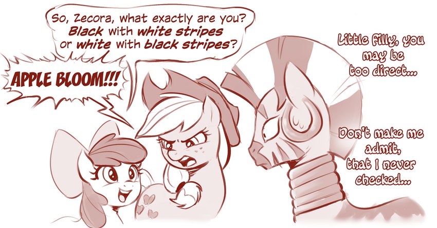 angry bodily_fluids clothing dialogue ear_piercing female feral group hat headgear headwear neck_ring piercing sweat text young young_female young_feral crade friendship_is_magic hasbro my_little_pony apple_bloom_(mlp) applejack_(mlp) zecora_(mlp) equid equine horse mammal pony zebra 2022 english_text hi_res monochrome sibling_(lore) sister_(lore) sisters_(lore)