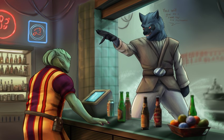 alcohol alcohol_bottle anthro bar beer belt beverage biped blue_body blue_fur bottle bottomwear bulge can claws clothed clothing container detailed_bulge dialogue duo fog food fruit fur genital_outline green_body hair hypnosis jedi jedi_tunic magic male male_anthro male_humanoid mind_control pants pattern_clothing pattern_shirt pattern_topwear pawpads penis_outline plant red_eyes robe shirt smoke speech_bubble standing store striped_clothing striped_shirt striped_topwear stripes text the_force topwear tunic waving_hand howlfeiwolf disney star_wars unnamed_character alien canid canine canis humanoid mammal shistavanen wolf 16:10 absurd_res digital_media_(artwork) hi_res widescreen