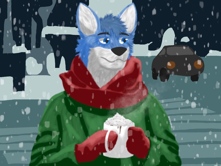 anthro beverage blue_body blue_eyes blue_fur candy car chocolate clothed clothing dessert food fur hot_chocolate male red_scarf scarf snow solo vehicle victor_the_wolf_(artist) canid canine canis mammal wolf 4:3 hi_res