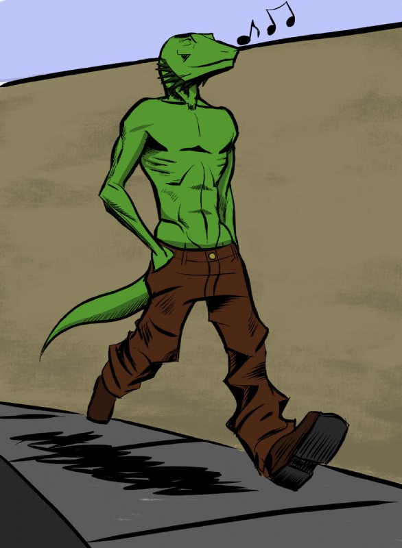 anthro biped bottomwear clothed clothing eyes_closed footwear male musical_note musical_symbol outside pants sagging shoes simple_background smile solo symbol tail topless walking ween lizard reptile scalie 2012 hi_res