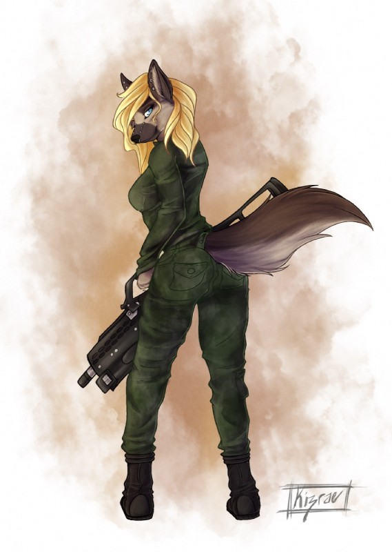 anthro blonde_hair breasts clothed clothing female fully_clothed g36 german glowing glowing_eyes gun hair heterochromia looking_at_viewer looking_back muscular muscular_anthro muscular_female ranged_weapon rear_view simple_background smile solo uniform weapon kizrae natasha_klopov canid canine canis domestic_dog german_shepherd herding_dog mammal pastoral_dog hi_res