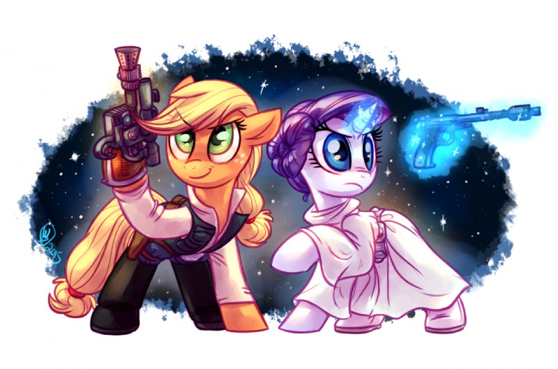 blaster blonde_hair blue_eyes clothing duo female feral fur green_eyes gun hair horn levitation magic_glow purple_hair ranged_weapon weapon whitediamonds friendship_is_magic hasbro my_little_pony mythology star_wars applejack_(mlp) han_solo leia_organa rarity_(mlp) earth_pony equid equine horse mammal mythological_creature mythological_equine pony unicorn