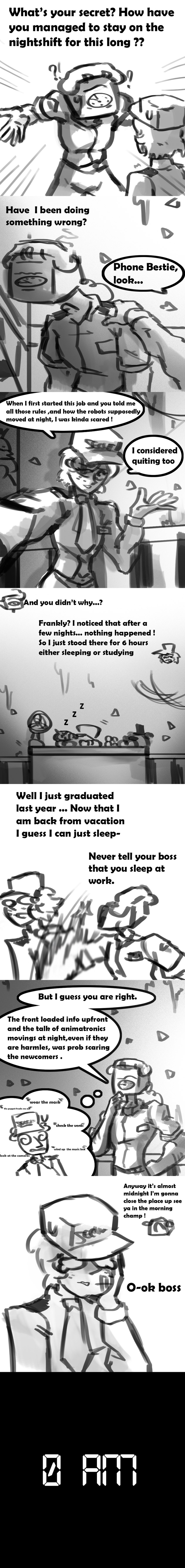 annoyed cleaning_tool clothed clothing comic_book comic_panel dialogue duo exclamation_point femboy fingers flirting hair heart_symbol male male/male question_mark slap sleeping smile speech_bubble text eviltqf five_nights_at_freddy's five_nights_at_freddy's_2 scottgames jeremy_fitzgerald phone_guy_(fnaf) human mammal 2023 absurd_res comic digital_media_(artwork) english_text hi_res long_image tall_image