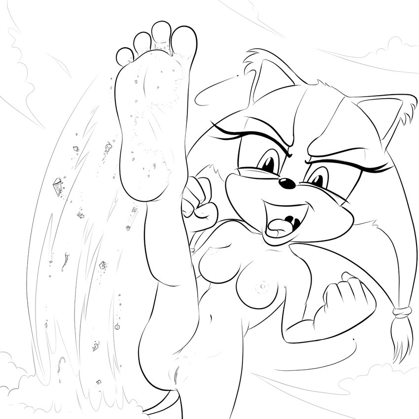 4_toes anthro barefoot breasts building feet female foot_fetish genitals humanoid_feet kick macro nude open_mouth plantigrade pussy solo toes xtreme7 sega sonic_boom sonic_the_hedgehog_(series) sticks_the_jungle_badger badger mammal mustelid musteline 1:1 2017 hi_res line_art monochrome