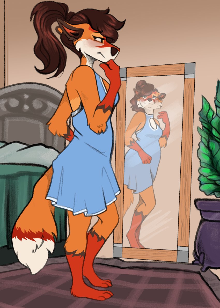 anthro bed bedroom blush brown_hair clothed clothing dress dressing_up fantasy_fulfillment female furniture hair happy joyful mirror nervous plant ponytail reflection rug smile solo tail worried rhari ferox_(feroxdoon) feroxdoon canid canine fox mammal red_fox true_fox hi_res nonbinary_(lore)