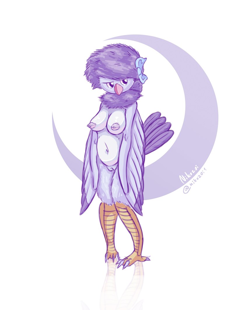 accessory anthro areola avian_feet beak big_breasts black_eyes blue_bow blue_hair_bow bow_(feature) bow_accessory bow_ribbon breasts crescent_moon feathers female fluffy fluffy_hair genitals hair hair_accessory hair_bow hair_ribbon moon narrowed_eyes navel nipples nude puffy_hair purple_areola purple_background purple_body purple_feathers purple_hair purple_nipples pussy red_beak ribbons simple_background solo tail tail_feathers thick_thighs white_background white_body white_feathers wide_hips winged_arms wings nikozoi good_night_little_ones! karkusha avian bird corvid corvus_(genus) crow oscine passerine 4:5 absurd_res hi_res