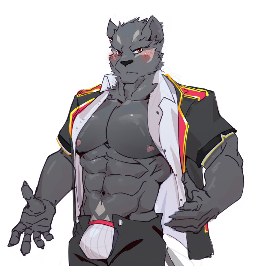 anthro barazoku big_muscles biped black_bottomwear black_clothing black_pants blush blush_lines bottomwear clothing fur grey_body grey_fur male muscular muscular_anthro muscular_male pants red_eyes solo underwear white_clothing white_underwear sanjiaoasanjiao knights_college theo_prinz_von_hirschreich canid canine canis mammal wolf 2021 hi_res