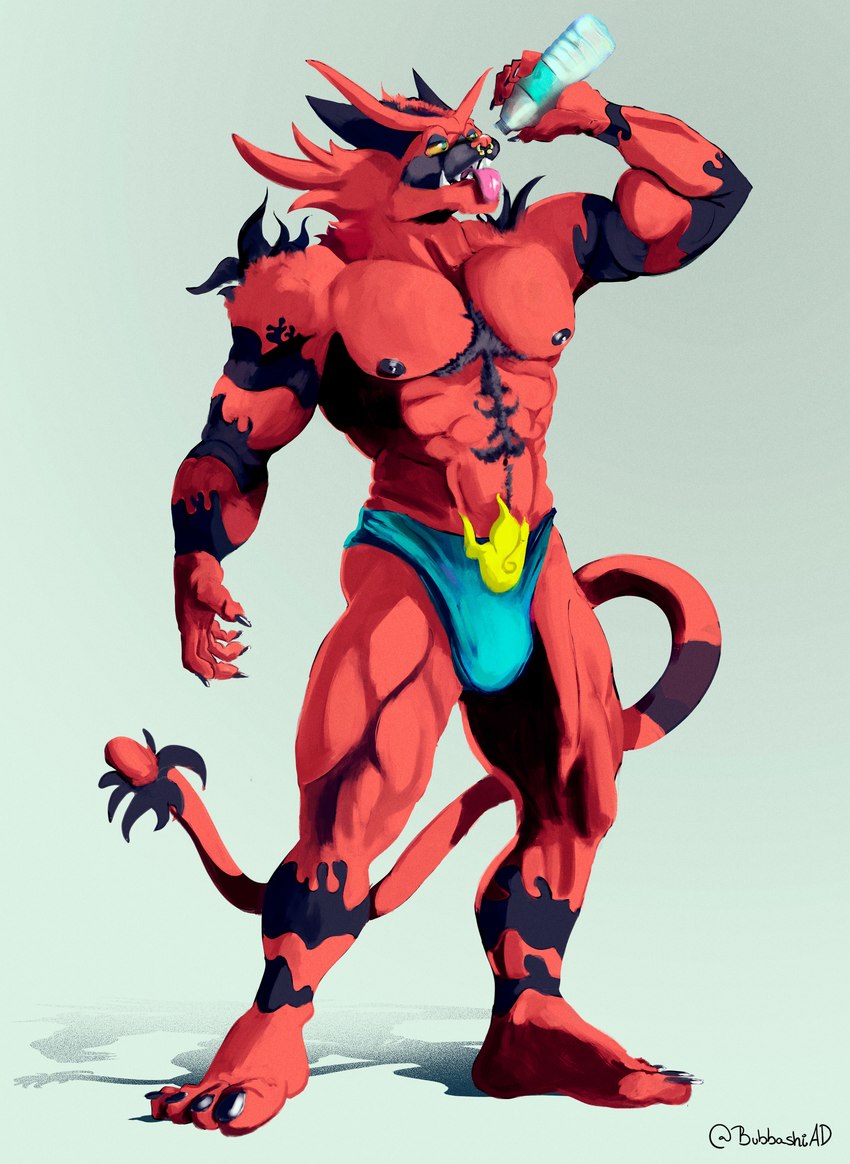 anthro biceps clothed clothing fur hair male muscular muscular_anthro muscular_male nipples open_mouth pecs piercing red_body red_fur simple_background smile solo teeth tongue underwear bubbashiad nintendo pokemon felid feline generation_7_pokemon incineroar mammal pokemon_(species) 2021 absurd_res digital_media_(artwork) hi_res