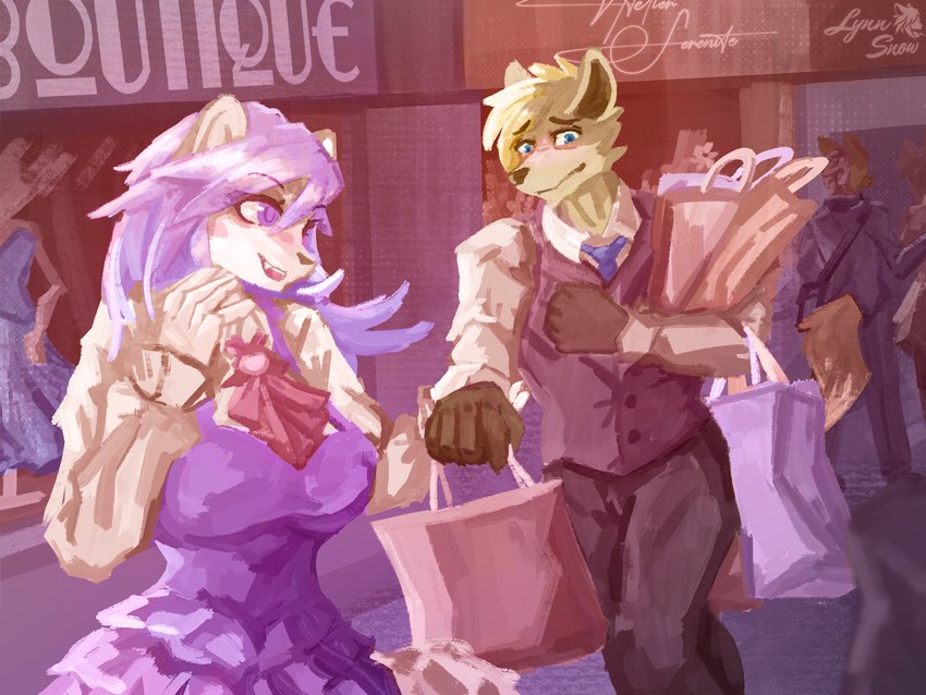 alternative_fashion anthro blue_eyes blush breasts butler clothed clothing cravat dress dress_shirt duo embarrassed eyelashes female frilly frilly_clothing fur glass hair hand_holding j-fashion lolita_(fashion) long_hair looking_at_another male male/female mannequin open_mouth outside public purple_eyes purple_hair romantic shirt shopping shopping_bag smile street suit tail topwear vest window lynnsnowmew feger_(feger-jager) lynn_snow canid canine canis domestic_dog felid husky mammal nordic_sled_dog pantherine snow_leopard spitz colored digital_drawing_(artwork) digital_media_(artwork) hi_res shaded