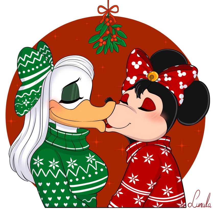 anthro big_breasts breasts christmas_clothing christmas_sweater christmas_topwear clothing duo eyes_closed female female/female green_clothing hair holidays interspecies_romance kissing large_chest long_hair mistletoe plant red_clothing romantic romantic_couple sweater topwear kinkypeach christmas disney mickey_mouse's_mixed-up_adventures mickey_mouse_roadster_racers minnie's_bow-toons daisy_duck minnie_mouse anatid anseriform avian bird duck mammal mouse murid murine rodent hi_res