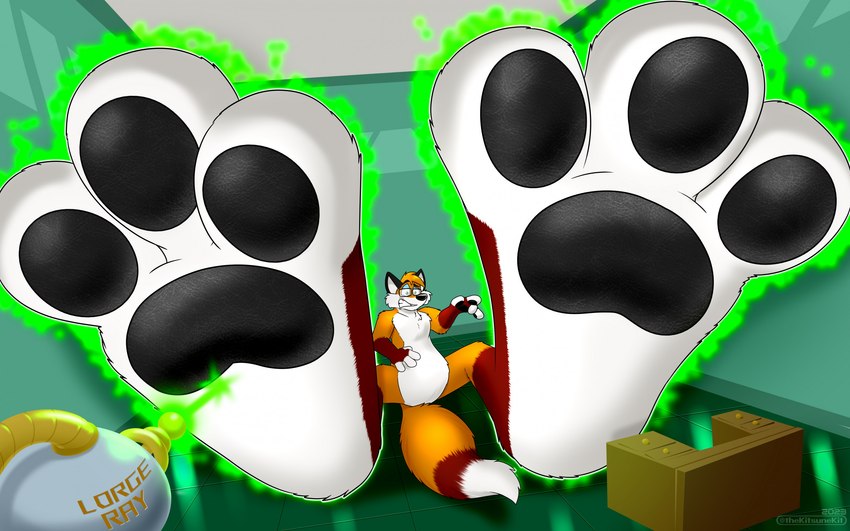 3_toes 4_fingers anthro big_feet black_nose black_pawpads cheek_tuft clenched_teeth countershading expansion eyewear eyewear_on_head facial_tuft feet fingers floor foot_expansion foot_focus fur furniture furniture_damage glasses glasses_on_head green_aura head_tuft holding_object huge_feet hyper hyper_feet laser_beam laser_gun male orange_body orange_fur pawpads ranged_weapon solo teeth tile tile_floor toes tuft weapon white_body white_countershading worried worried_look kitsunekit canid canine fox mammal hi_res watermark