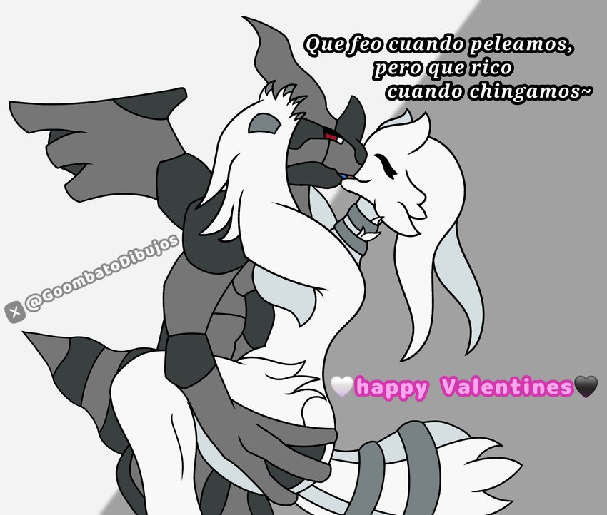 anthro black_body duo female heart_symbol kissing male male/female text white_body goombato_dibujos mythology nintendo pokemon dragon generation_5_pokemon legendary_pokemon mythological_creature mythological_scalie pokemon_(species) reshiram scalie zekrom hi_res spanish_text