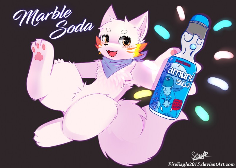 blush bottle claws codd-neck_bottle container digitigrade featureless_crotch heart_symbol jumping male paws scarf smile solo text senz marble_soda ramune lyricwulf canid canine canis domestic_dog mammal wolf hi_res url