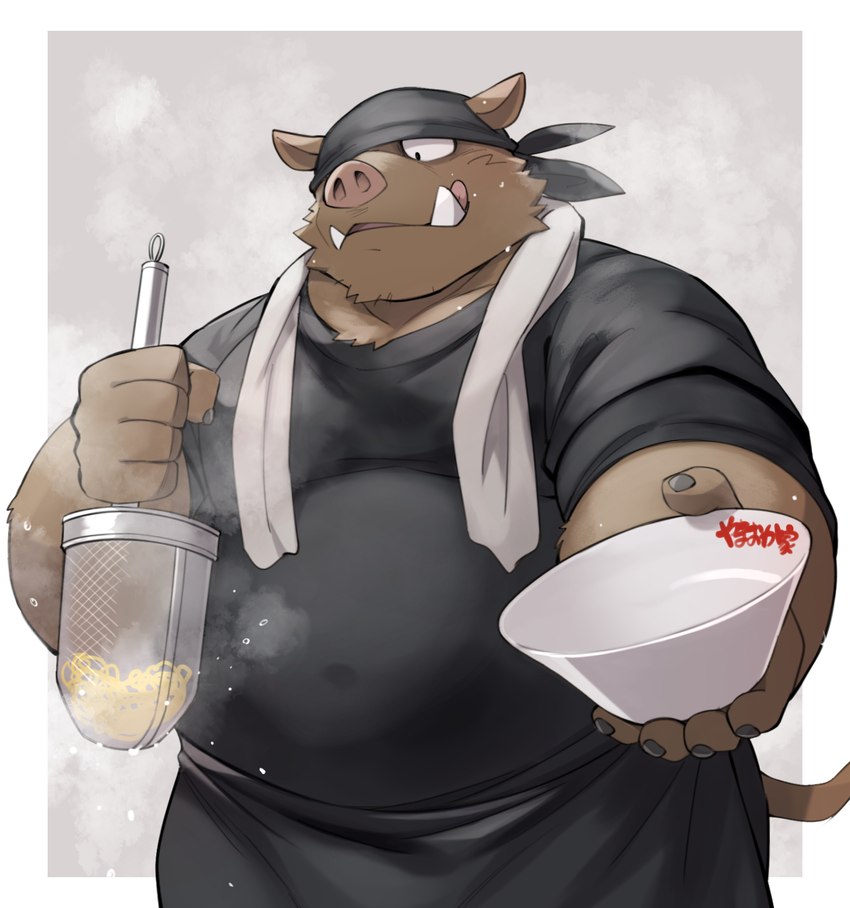 anthro apron bowl brown_body brown_fur clothing container food fur humanoid_hands kemono looking_at_food looking_at_object male musclegut muscular noodles overweight overweight_male ramen shirt simple_background solo topwear towel kinoshita-jiroh mammal suid suine sus_(pig) wild_boar 2023 hi_res