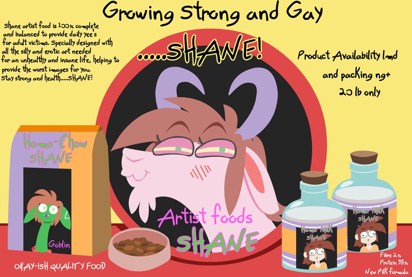 advertisement anthro bottle bowl container facial_hair fangs feral food fur goatee green_body green_eyes green_skin group hair horn jewelry long_neck male milk_bottle necklace parody pet_bowl pet_food pink_body pink_fur purple_tongue red_hair smile smirk teeth text tongue trio shane_frost shane_frost_(goat) shane_frost_(shane_frost) shane_the_goblin bovid caprine goat goblin human mammal english_text hi_res