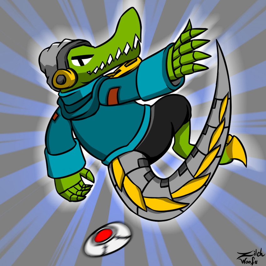 ambiguous_gender anthro ball baseball_(ball) beanie bottomwear claws clothing collar cybernetics electronics fingers hat headgear headphones headwear hoodie long_tail machine metal_tail pants prosthetic solo tail topwear zipper zilch_woofs_(artist) lethal_league latch crocodile crocodilian reptile scalie 1:1