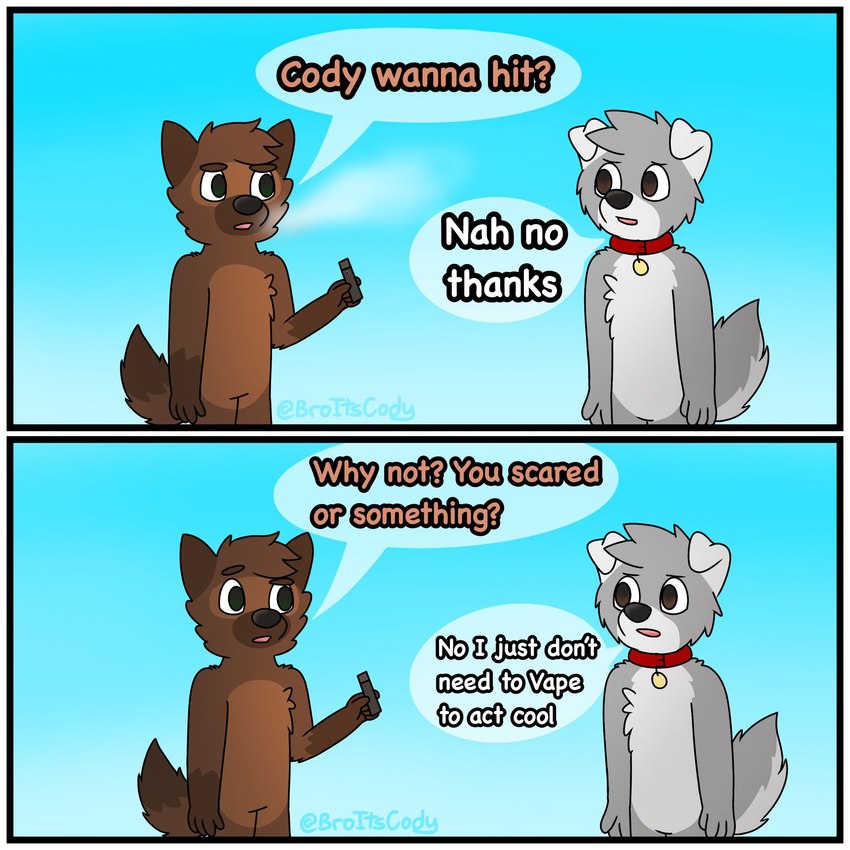 anthro black_nose border brown_body brown_ears brown_eyes brown_fur brown_hair brown_tail chest_tuft collar dialogue duo floppy_ears fur grey_body grey_fur grey_hair grey_tail hair looking_at_another male monotone_hair multicolored_body multicolored_fur open_mouth speech_bubble tail tuft two_tone_body two_tone_fur two_tone_tail vaping white_body white_border white_ears white_fur white_tail broitscody cody_(broitscody) canid canine canis domestic_dog husky mammal nordic_sled_dog spitz 1:1 2021 hi_res