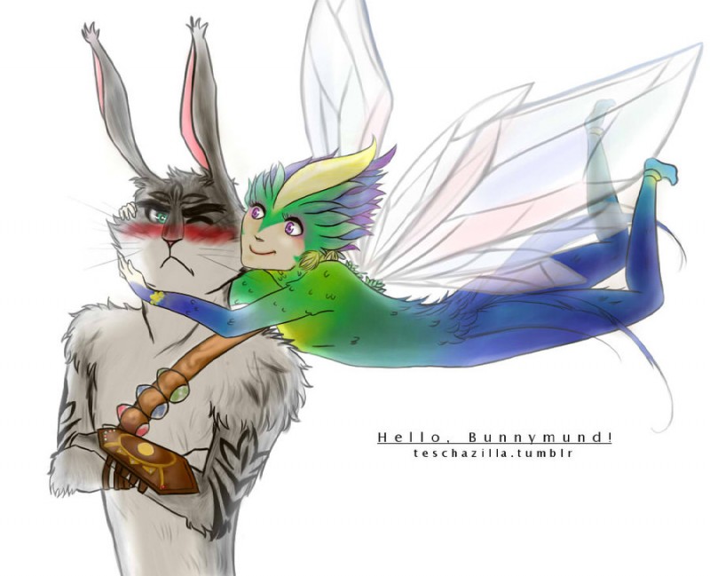 anthro blush duo egg female flying fur green_eyes greeting holidays hug insect_wings male purple_eyes text wings teschazilla easter rise_of_the_guardians e._aster_bunnymund easter_bunny tooth_fairy toothiana avian human hybrid lagomorph leporid mammal rabbit english_text source_request