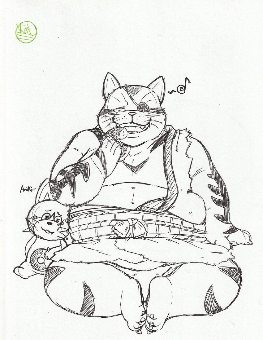 anthro belly blush dessert doughnut duo eating eye_patch eyes_closed eyewear food male overweight overweight_male pastry simple_background sitting lexor_komuga capcom monster_hunter monster_hunter_stories navirou orgo_(monster_hunter) felid felyne lynian mammal 2021 hi_res