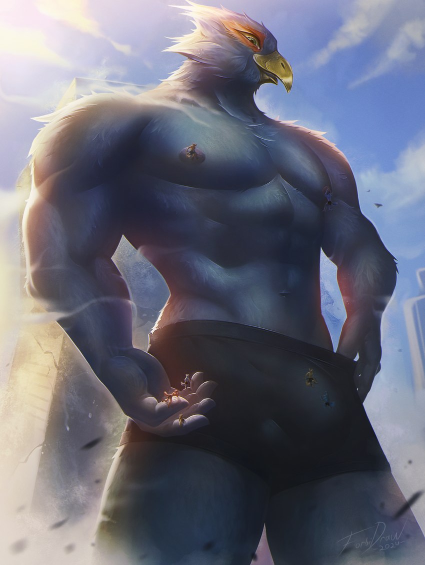 anthro backlighting beak black_clothing black_underwear blue_body blue_feathers boxer_briefs building bulge city clothing detailed_bulge feathers genital_outline light looming low-angle_view macro male muscular muscular_male nipples non-mammal_nipples solo text underwear worship forbiddendraws nintendo star_fox falco_lombardi avian bird canid mammal absurd_res english_text hi_res huge_filesize lighting