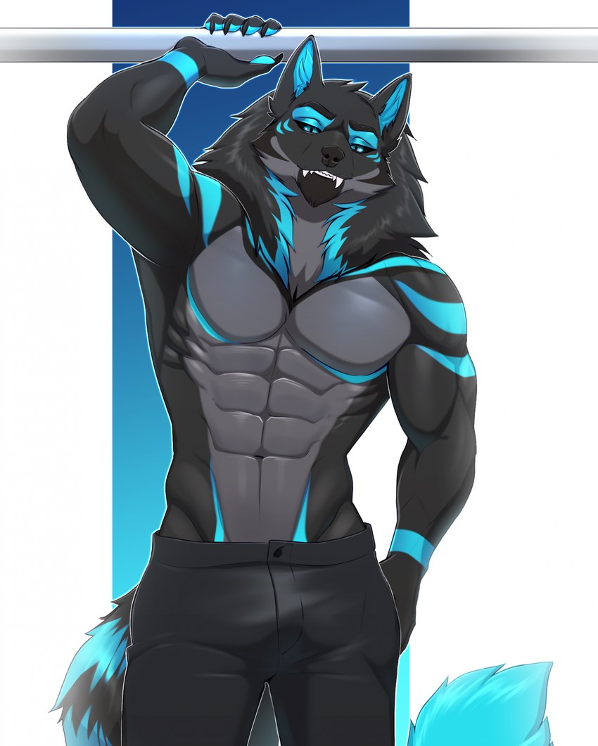 5_fingers anthro athletic athletic_male black_body blue_markings bottomwear clothing fingers fur hair looking_at_viewer male markings pants pose shirtless_male simple_background solo tail amur xanrel_(xanrel_nightglow) canid canine mammal 2023 hi_res