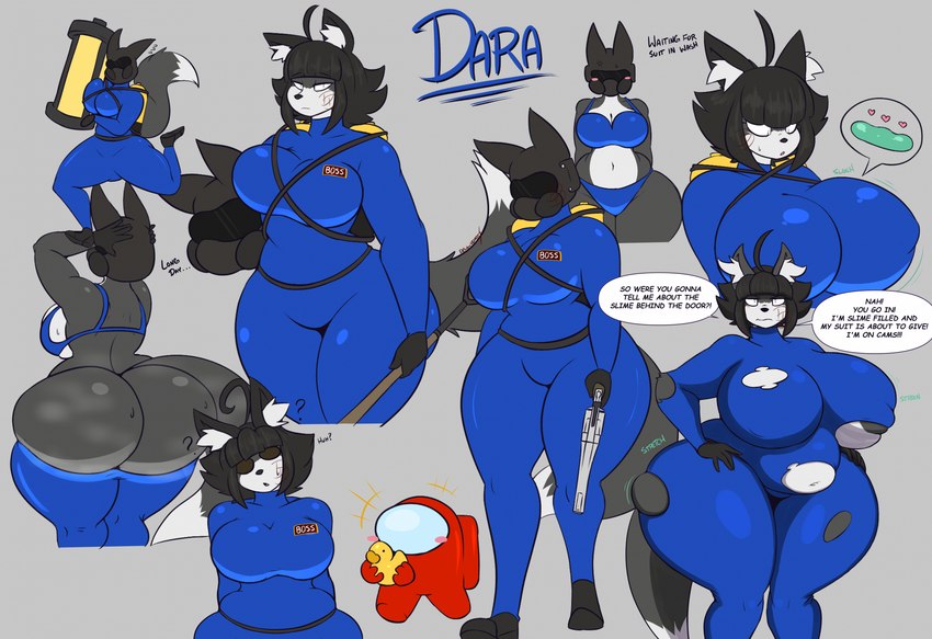 ambiguous_gender anthro belly belly_expansion big_breasts big_butt black_body black_fur black_hair blue_bodysuit blue_bra blue_clothing blue_latex blue_panties blue_skinsuit blue_underwear blush blush_stickers bodysuit bra breast_expansion breasts butt clothing dialogue duo emanata expansion female fluffy fluffy_tail fur gas_mask grey_background gun hair handgun heart_symbol holding_gun holding_handgun holding_object holding_ranged_weapon holding_revolver holding_shovel holding_tool holding_weapon huge_breasts huge_butt huge_thighs inflation latex latex_bodysuit latex_clothing latex_skinsuit looking_at_viewer mask multicolored_body multicolored_fur panties ranged_weapon revolver rubber_duck shovel simple_background skinsuit slime_inflation sloshing_breasts solo_focus speech_bubble tail text thick_thighs thigh_expansion tight_clothing tools torn_bodysuit two_tone_body two_tone_fur underwear weapon wearing_mask white_body white_fur wide_hips dewwydarts among_us innersloth lethal_company crewmate_(among_us) dara_(dewwydarts) canid canine fox hygrodere_(lethal_company) mammal english_text hi_res