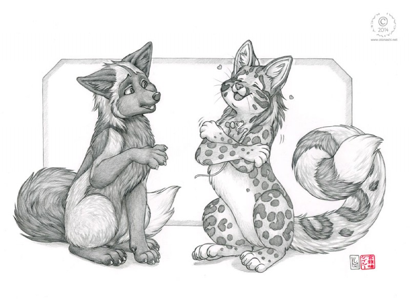 duo_focus female feral group heart_symbol hug male micro size_difference tail kacey kacey_(kacey) ralen_(ralenfox) tofu_(ralenfox) canid canine domestic_cat felid feline felis fox mammal mouse murid murine red_fox rodent serval silver_fox true_fox 2014 graphite_(artwork) monochrome traditional_media_(artwork)