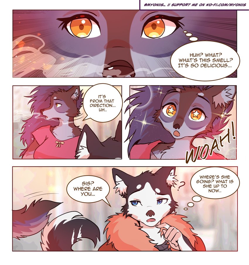 amber_eyes anthro base_three_layout black_body black_fur black_nose blue_eyes blue_hair dialogue duo female four_frame_image fur grey_body grey_fur hair male multicolored_body question_mark smelling_food sniffing speech_bubble star_eyes tail text thought_bubble three_row_layout two_tone_body white_body white_fur myoniis eba_(myoniis) sky_(myoniis) canid canine canis domestic_dog husky mammal nordic_sled_dog spitz wolf comic english_text hi_res url