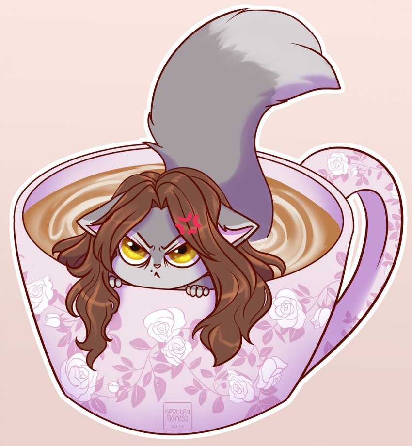 anthro beverage brown_hair coffee dipstick_tail ears_down female fur grey_body grey_fur grumpy hair long_hair markings mouth_closed narrowed_eyes partially_submerged pivoted_ears solo tail tail_markings yellow_eyes tiggybloom jessie_(aklaerrio) felid mammal 2019 hi_res