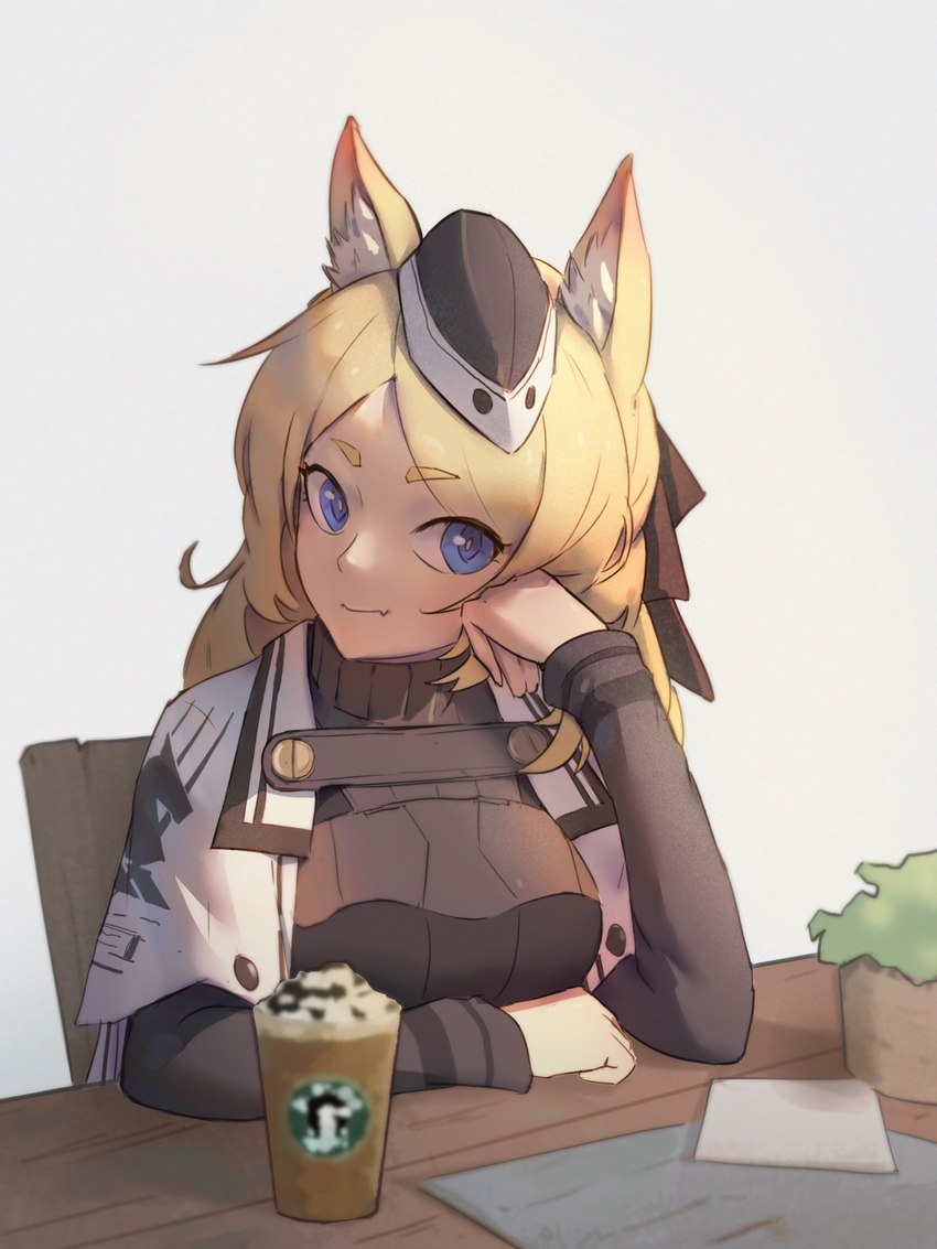 blonde_hair blue_eyes breasts clothed clothing container cup cute_fangs female fingers flesh_fang fur hair headgear headwear inner_ear_fluff looking_at_viewer simple_background sitting smile solo tuft white_body white_fur afan arknights hypergryph starbucks studio_montagne whislash_(arknights) animal_humanoid equid equid_humanoid humanoid mammal mammal_humanoid 2020 absurd_res hi_res