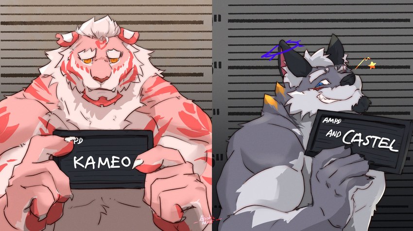 anthro black_hair blonde_highlights blue_eyes blush chart claws duo ears_down facial_hair finger_claws fur goatee grey_body grey_fur grin hair halo height_chart highlights_(coloring) holding_object holding_sign jail_placard male mugshot muscular muscular_anthro muscular_male one_eye_closed pawpads pink_body pink_fur pivoted_ears red_pawpads red_stripes sad sign smile striped_body striped_fur stripes white_hair wink yellow_eyes kasudachan barbie_and_ken_mugshot_meme cameo_(abioticmeat) castel_(kasudachan) canid canine canis felid mammal pantherine tiger wolf 2023 character_name hi_res meme