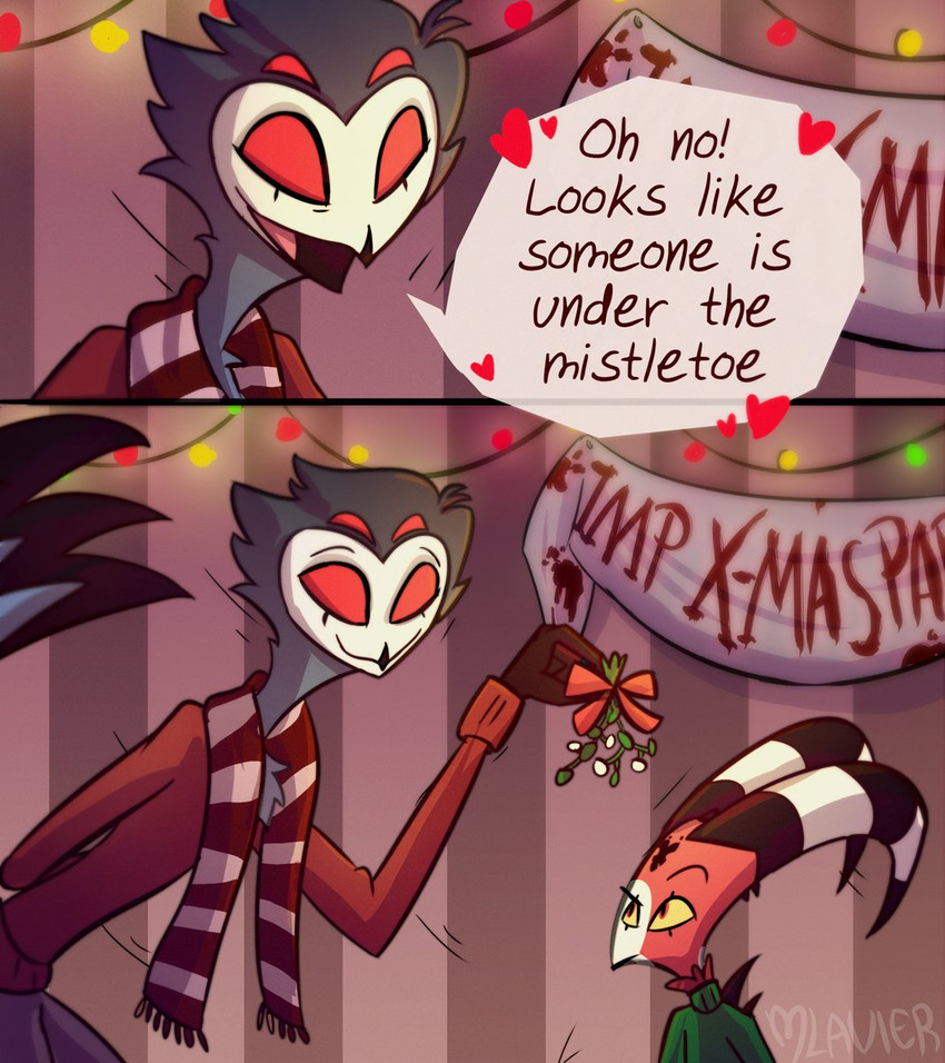 4_eyes anthro dialogue duo eye_contact hand_behind_back heart_symbol looking_at_another male male/male mistletoe multi_eye plant red_eyes scarf smile speech_bubble text mlavieer helluva_boss blitzo_(helluva_boss) stolas_(helluva_boss) avian bird demon imp owl 2020 comic digital_media_(artwork) english_text hi_res