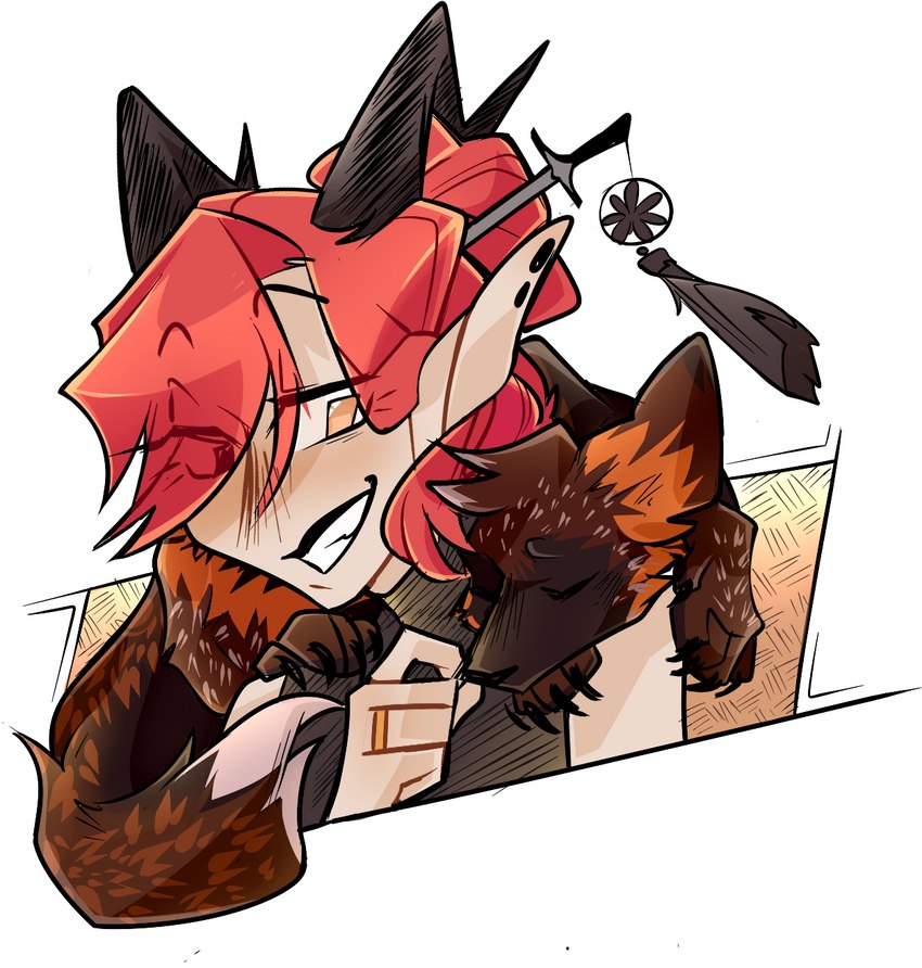 amber_eyes duo female feral hair horn male red_hair sleeping smile misash helle_(dehelleman) canid canine fox humanoid mammal red_fox true_fox hi_res