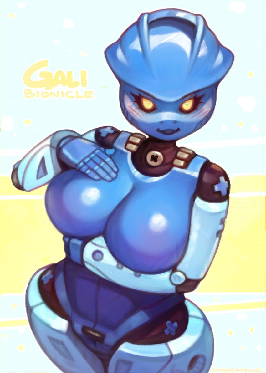 blue_body blush breasts eyelashes featureless_breasts featureless_crotch female hand_on_breast high-angle_view looking_at_viewer not_furry solo text yellow_eyes yellow_text cyancapsule bionicle lego gali humanoid toa 2020 english_text hi_res portrait three-quarter_portrait