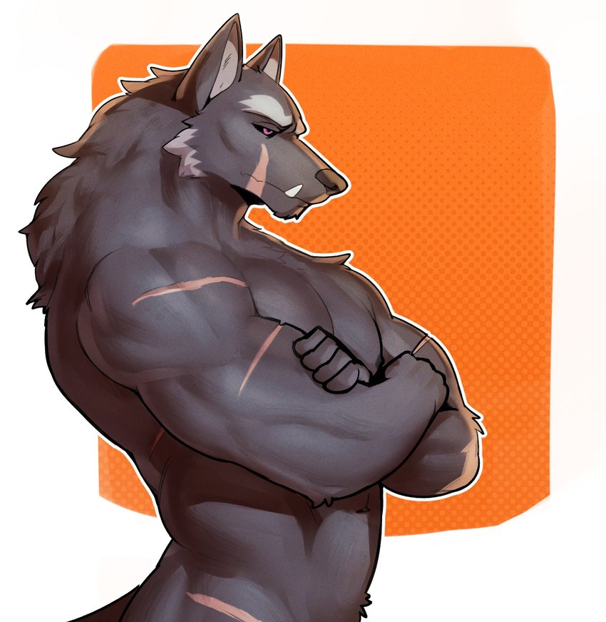 anthro biceps black_body black_fur black_sclera crossed_arms facial_scar fangs fur male muscular muscular_anthro muscular_male nipples nude pecs pose purple_eyes scar sharp_teeth solo standing teeth triceps jrjresq elden_ring fromsoftware blaidd_(elden_ring) canid canine canis mammal wolf 2024 half-length_portrait hi_res pinup portrait