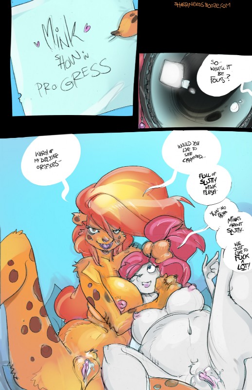 anthro big_breasts breasts dialogue duo female female/female fur genitals hair long_hair lying nipples nude orange_body orange_fur orange_hair pussy red_hair smile text white_body white_fur mamabliss gina_cattelli shasta cheetah felid feline mammal comic digital_media_(artwork) english_text hi_res