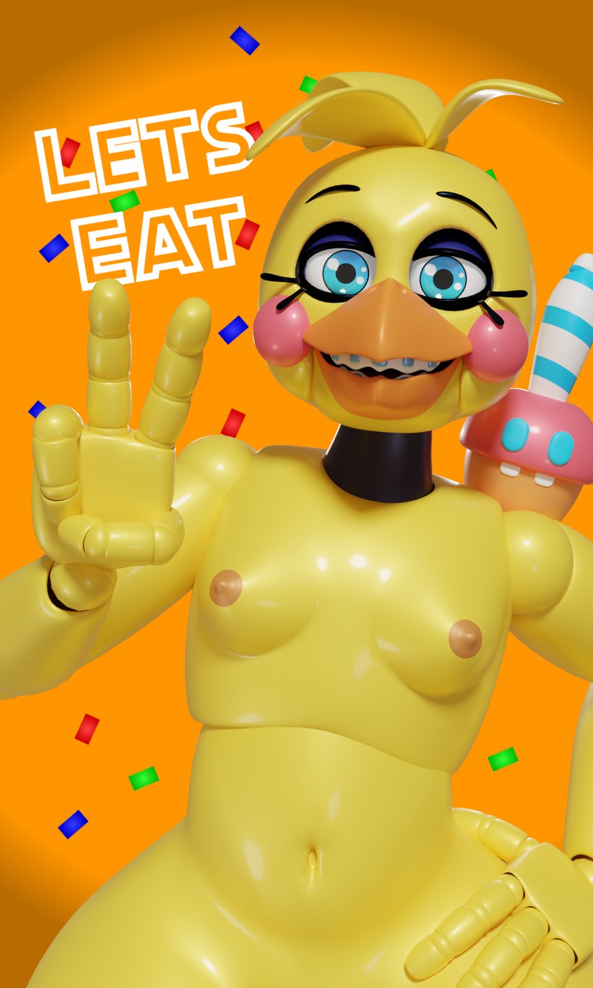 4_fingers anthro beak blue_eyes blush braces breasts cupcake dildo eyebrows eyelashes female fingers food gesture gradient_background hand_gesture hand_on_hip machine nipples orange_beak orange_mouth orange_nipples pose poster poster_template sex_toy simple_background small_breasts solo text v_sign yellow_body positivepossummate five_nights_at_freddy's five_nights_at_freddy's_2 scottgames toy_chica_(fnaf) animatronic avian bird chicken galliform gallus_(genus) phasianid robot 2024 3d_(artwork) blender_(artwork) digital_media_(artwork) english_text hi_res pinup